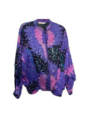 Vintage 80s Judith Ann Creations Silk Sequin Jacket Batwing Art to Wear Purple